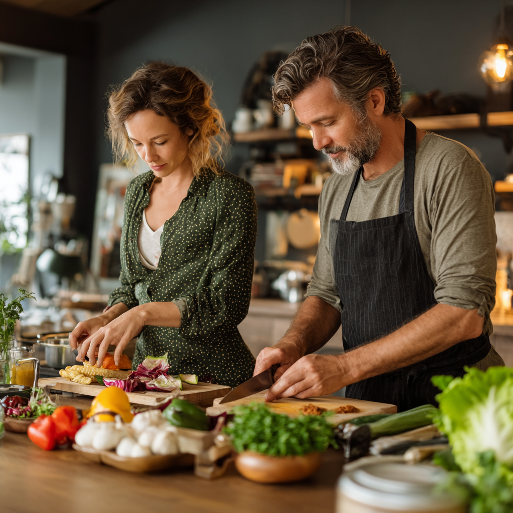 Mature Romanian woman smiling while preparing a healthy meal in her kitchen, surrounded by fresh vegetables and fruits