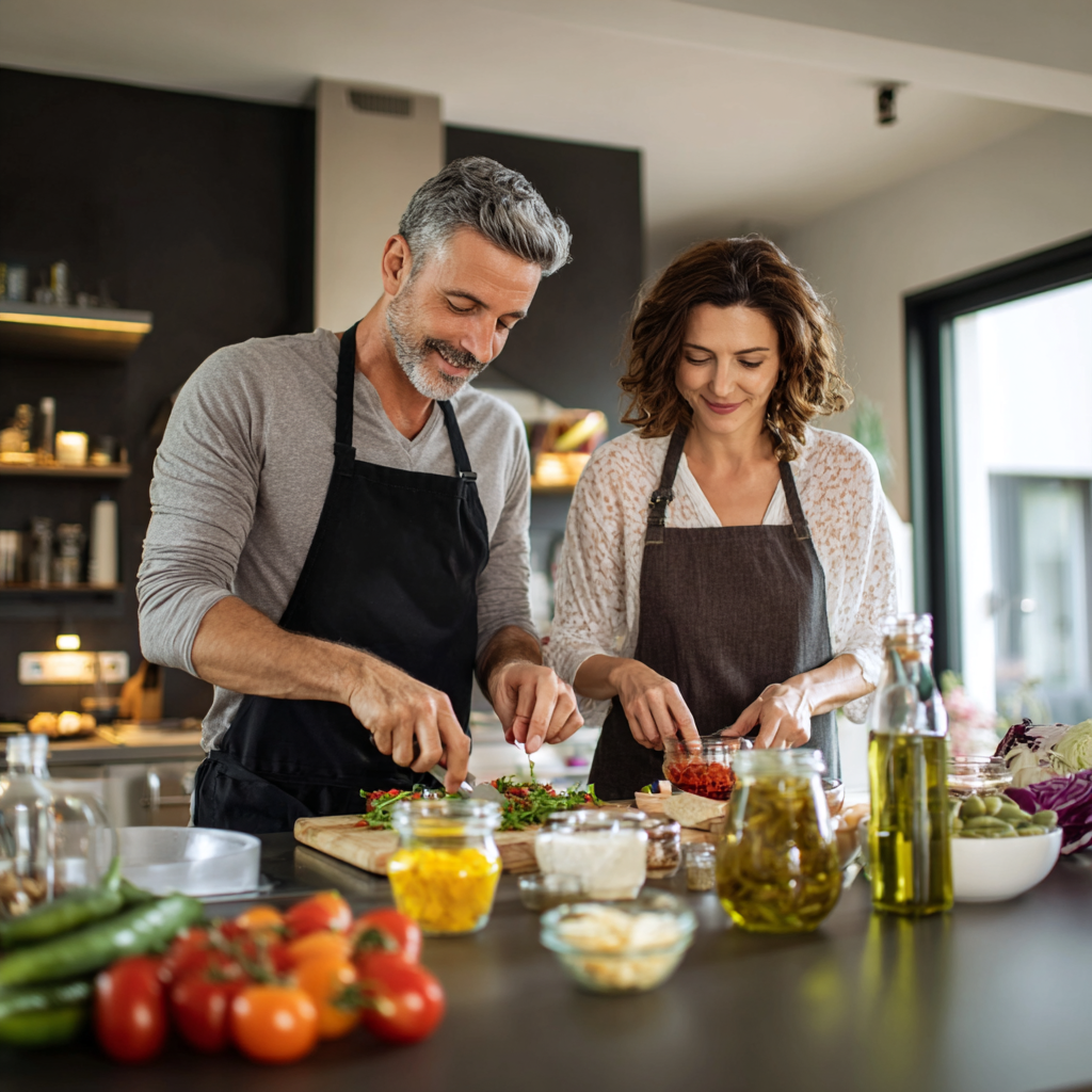 Happy Romanian family of different ages enjoying a balanced meal together at a wooden table with natural lighting